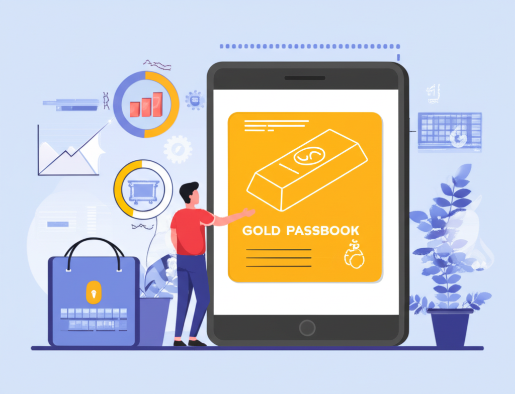 插圖：一個人在波動市場中自信地管理財務，使用數位黃金存摺，展現資產配置的安全與彈性