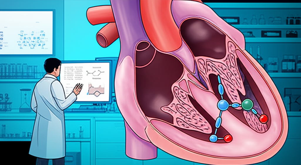 心臟增厚壁面與Aficamten藥物靶向圖像,科學家觀察數據的醫療研究場景