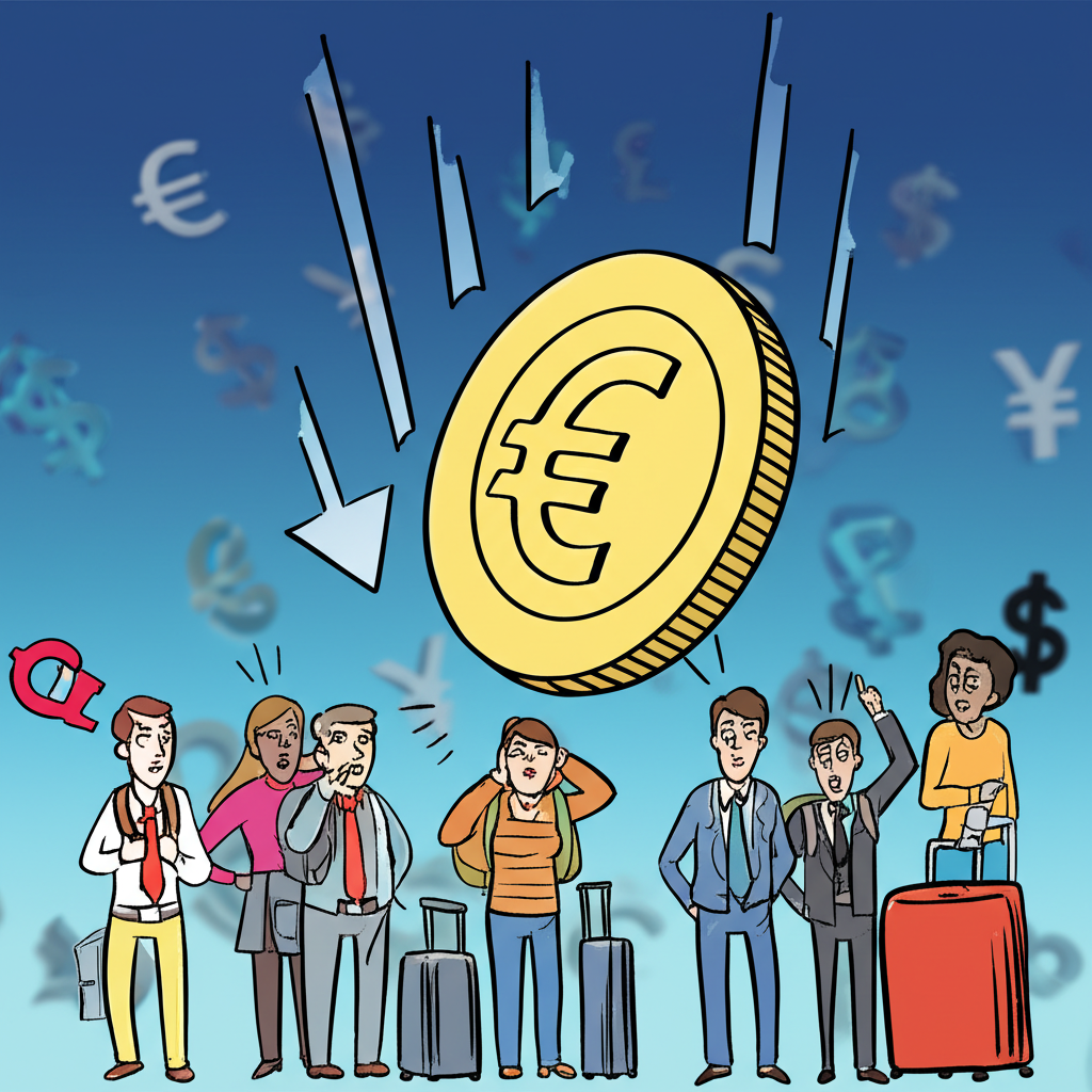 歐元貶值對旅行者、留學生和企業的影響圖示,背景有全球貨幣符號顯示經濟不確定與機會