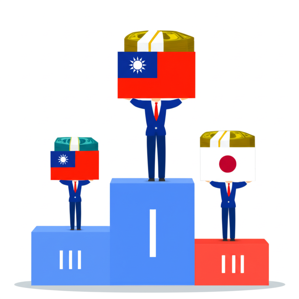 台灣在全球外匯存底排名領獎台上，與中國、日本、瑞士並列，手中握持巨額外幣堆疊，象徵其高排名與經濟優勢