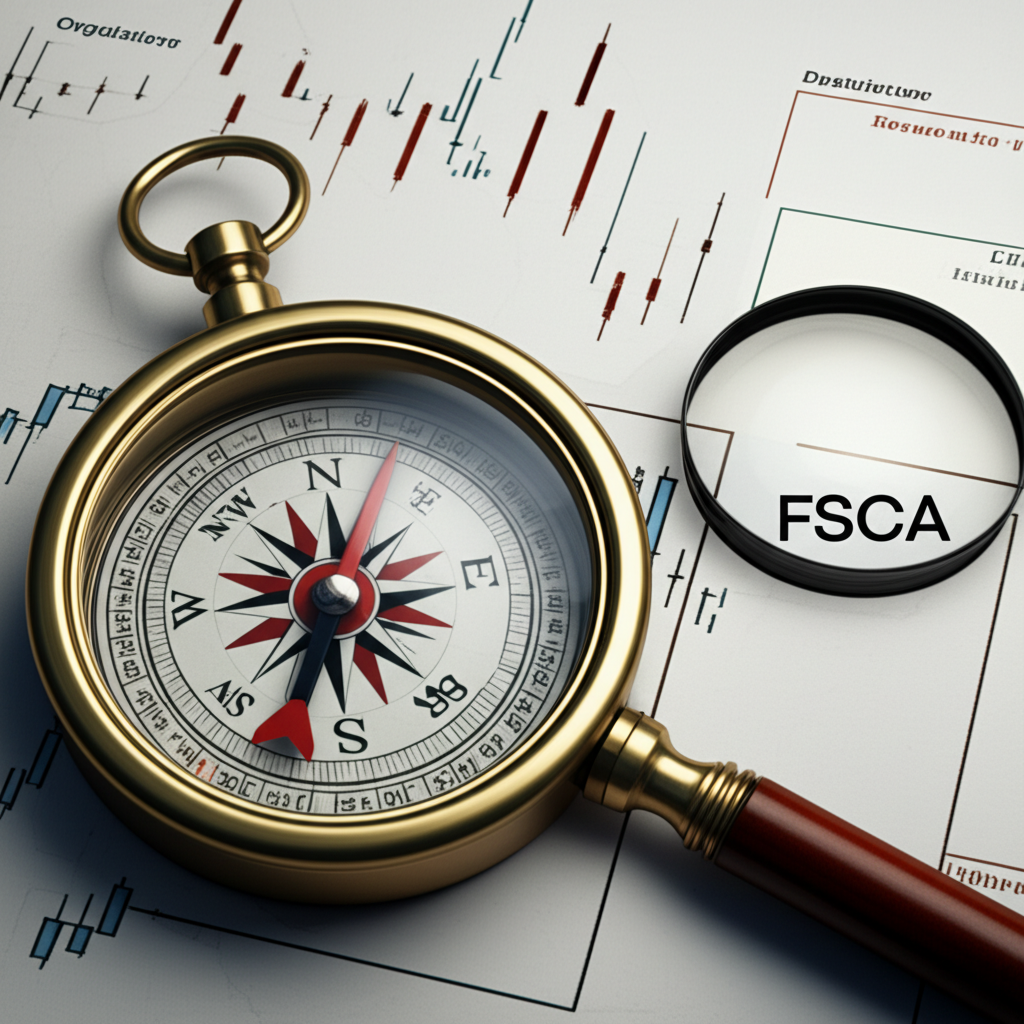 指南針與放大鏡置於金融地圖上,突出 FSCA 作為投資決策驗證與導向的象徵