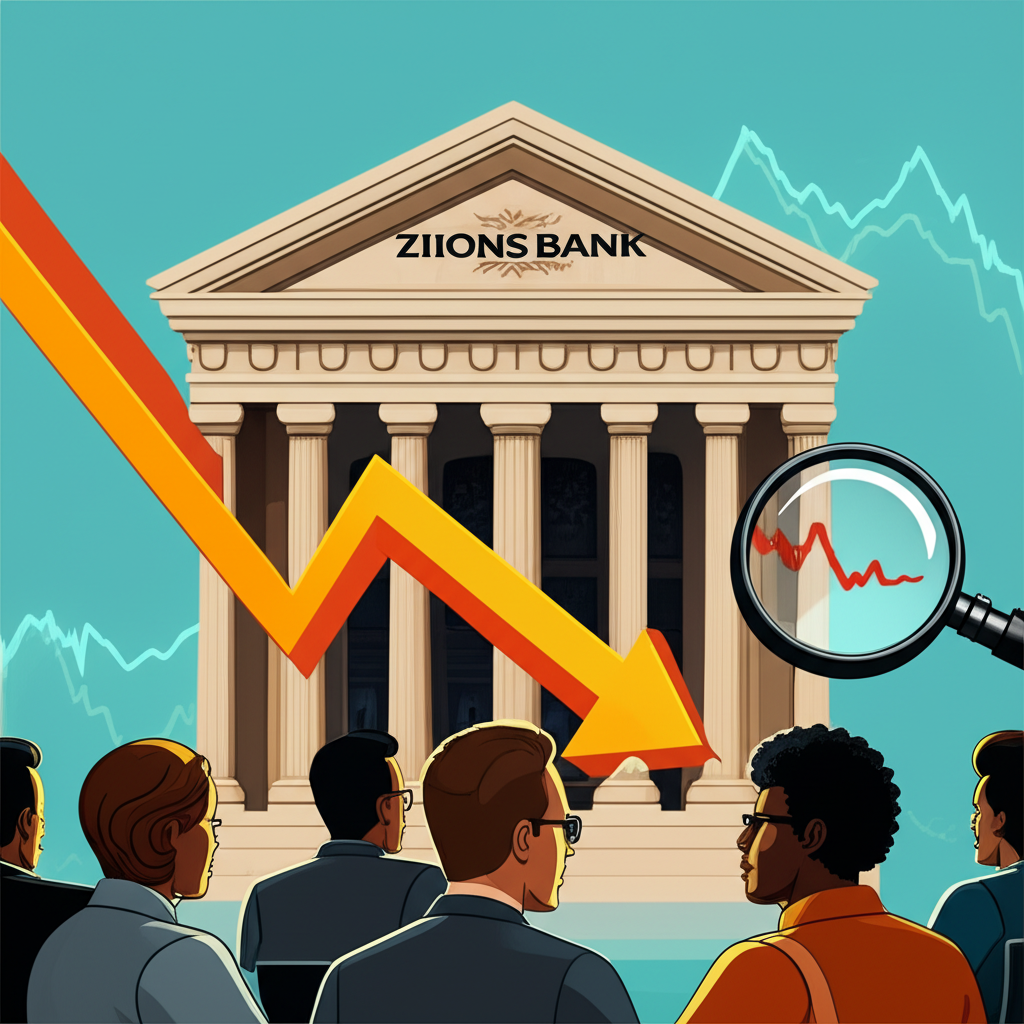 Zions Bancorporation 股價過度拋售與逢低買入機會的插圖,顯示區域銀行建築、下跌股價圖表與上漲箭頭,以及投資者觀察場景