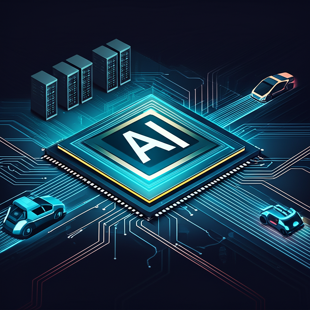 強大的NVIDIA GPU晶片發出AI能量光芒,周圍環繞資料中心與自動駕駛車輛,象徵其在全球科技領域的主宰地位插圖