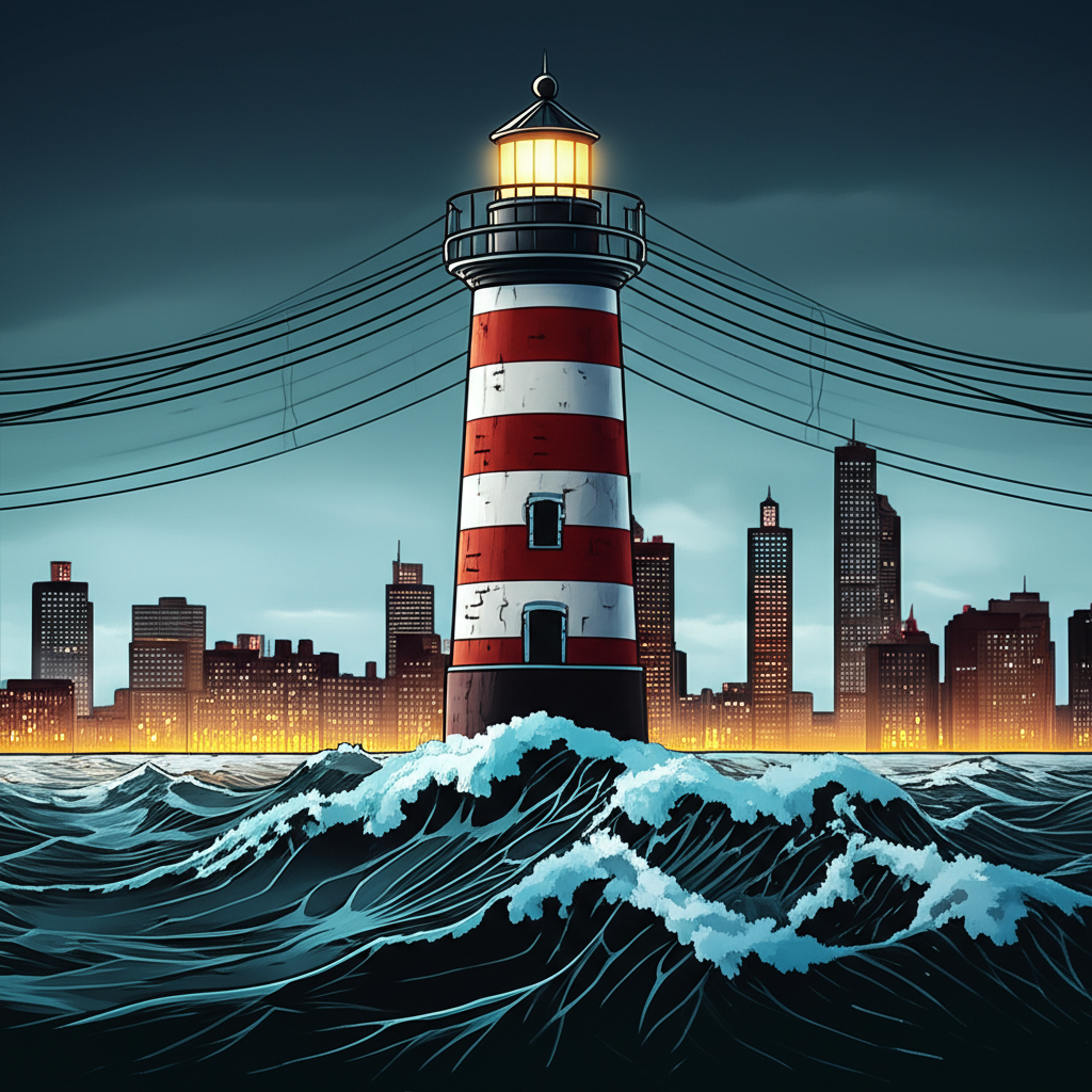 燈塔象徵公用事業板塊在經濟風暴中屹立不搖,電力線延伸至繁榮城市,代表成長與穩定