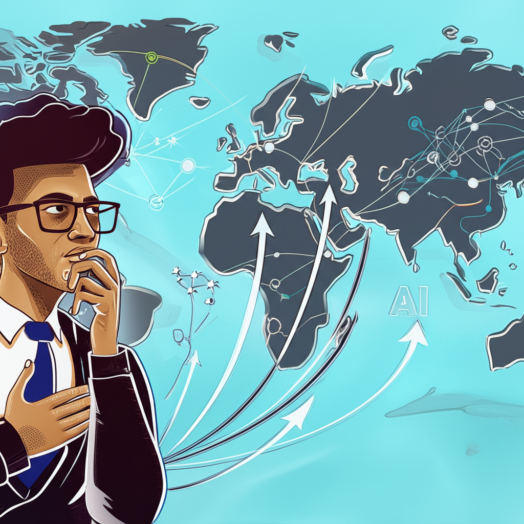 全球經濟景觀插圖，顯示關稅、AI與地緣政治力量交織影響股市走向，投資人進行風險評估