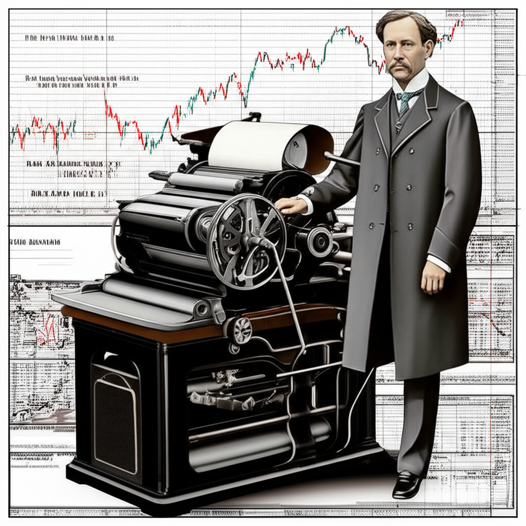 查爾斯·道站在印刷機旁,背景為早期道瓊指數圖表,呈現其創立指數的歷史角色