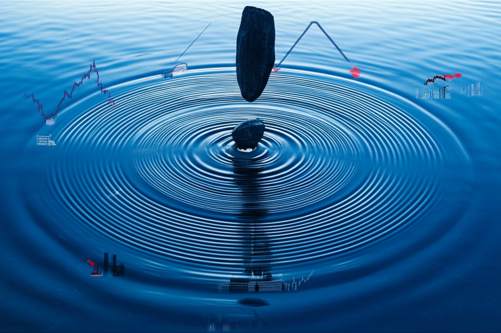 石頭落入湖中激起漣漪，影響金融市場與企業，如因果連鎖