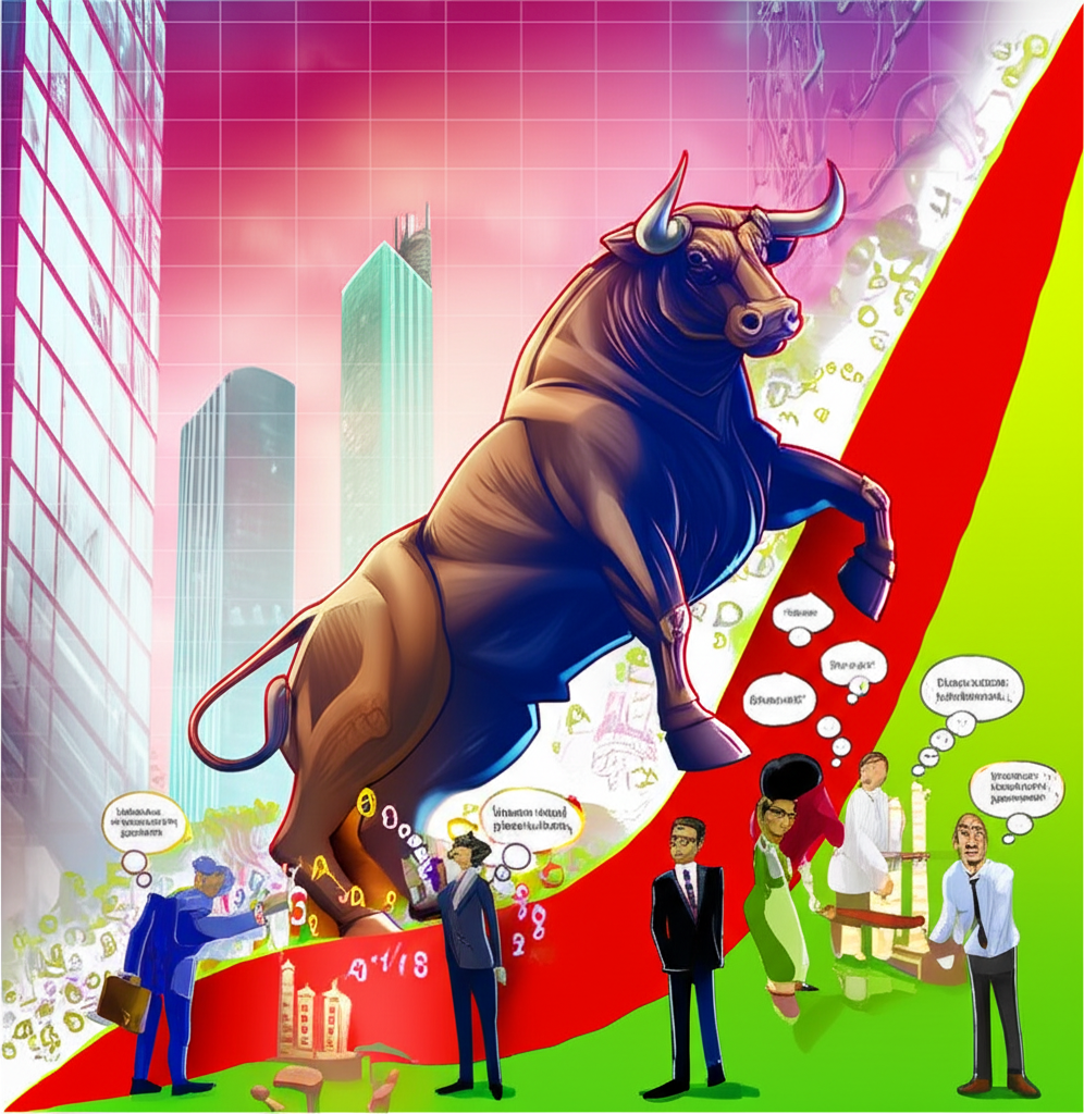 美股牛市三年成長圖示,強壯公牛站在上漲走勢圖上,背景為充滿活力的金融都市,小人物討論市場廣度