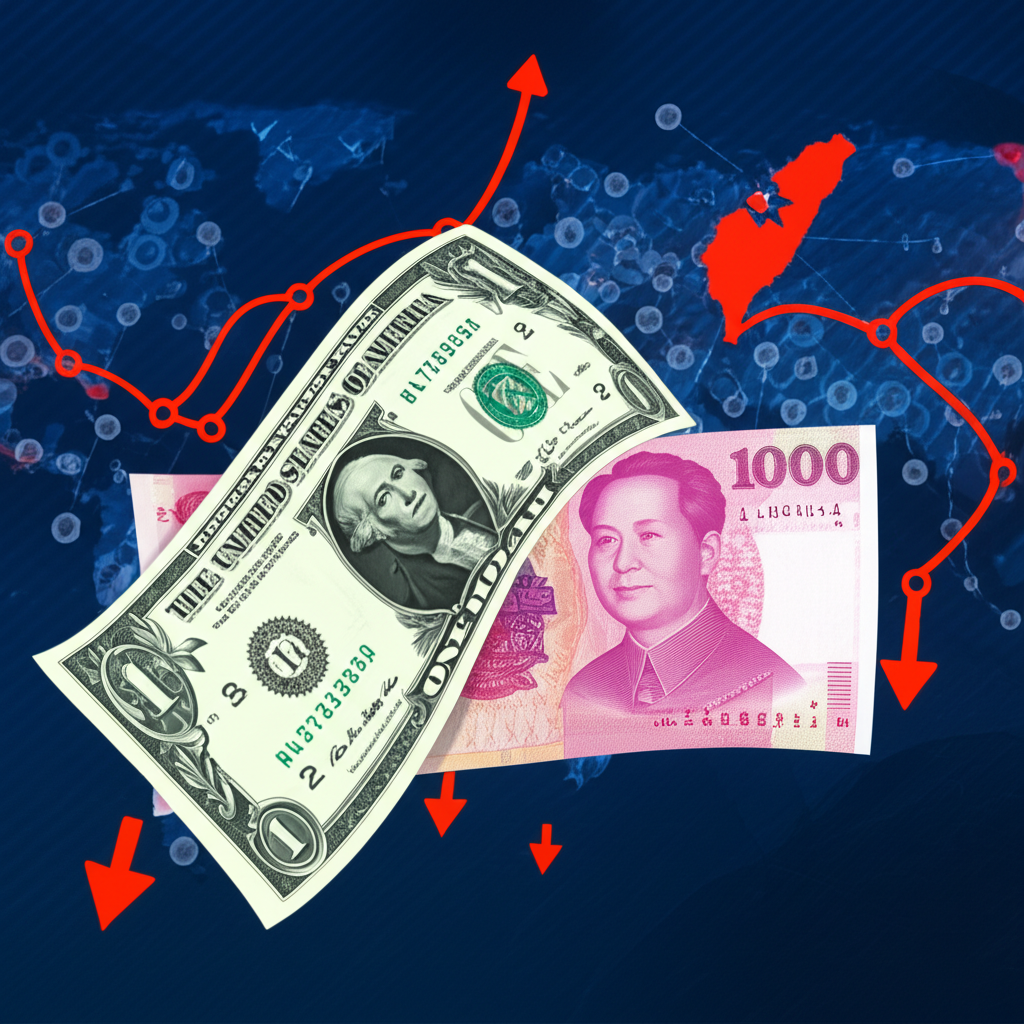 強勢美元拉低台幣匯率，背景為全球貿易鏈與台灣地圖及價格上漲指標