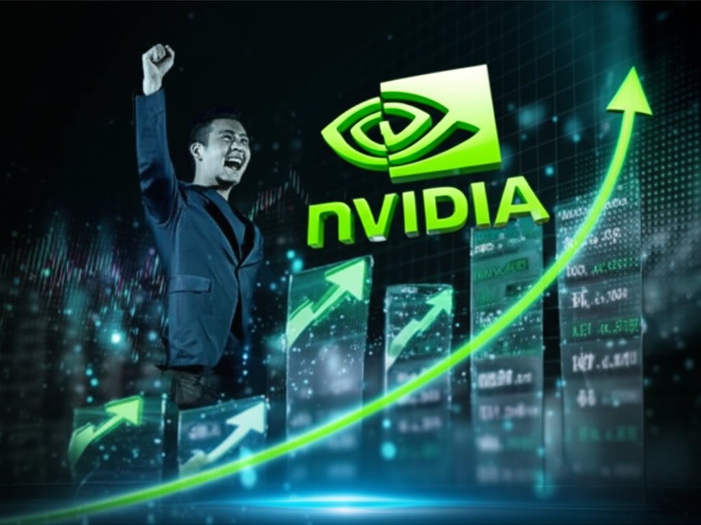 NVIDIA 股價圖表劇烈上漲,NVIDIA 標誌位於高峰,背景為繁忙市場,象徵科技市場成長與投資人樂觀