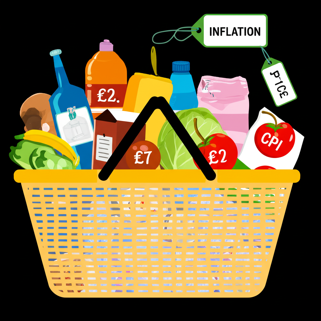 購物籃充滿商品服務代表CPI籃子,價格標籤變化表示通膨或緊縮插圖