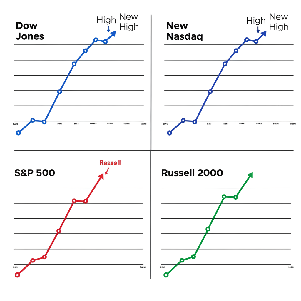 四大股市指數道瓊、S&P 500、那斯達克與羅素2000同時創新高的牛市訊號插圖