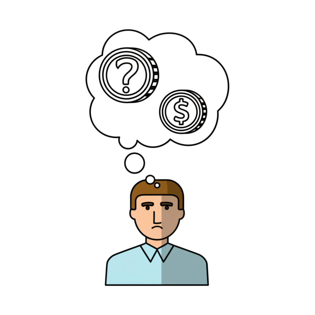 投資人頭頂思想泡泡,顯示風險與報酬的貨幣符號,代表決策中的權衡