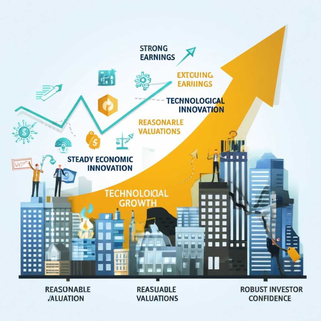 牛市核心原則插圖,包括企業盈利、經濟成長、技術創新、合理估值與投資者信心,形成抵禦波動的堅實基礎