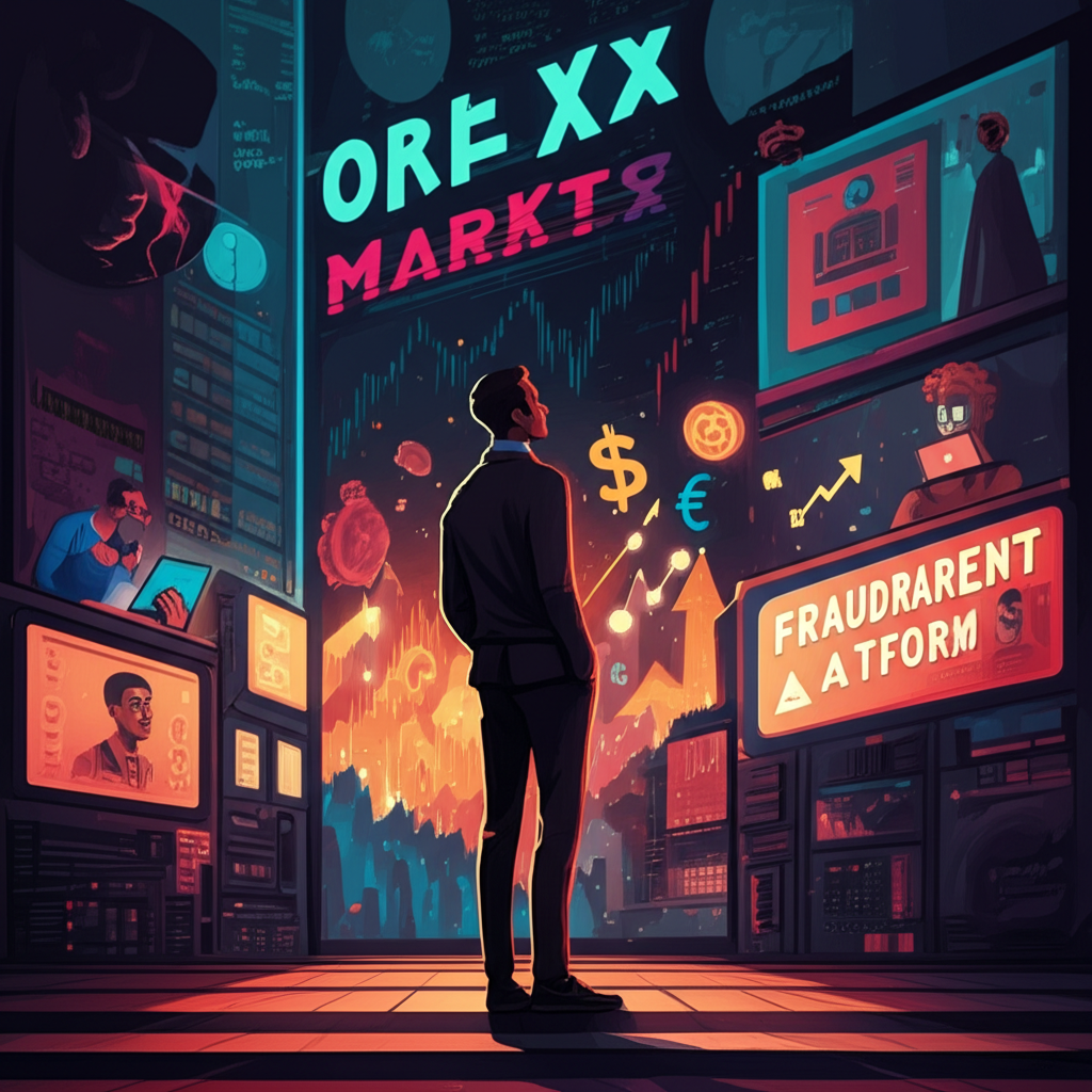 外匯市場充滿機會卻隱藏陷阱的插圖，顯示社群媒體假老師與虛假交易平台的誘惑
