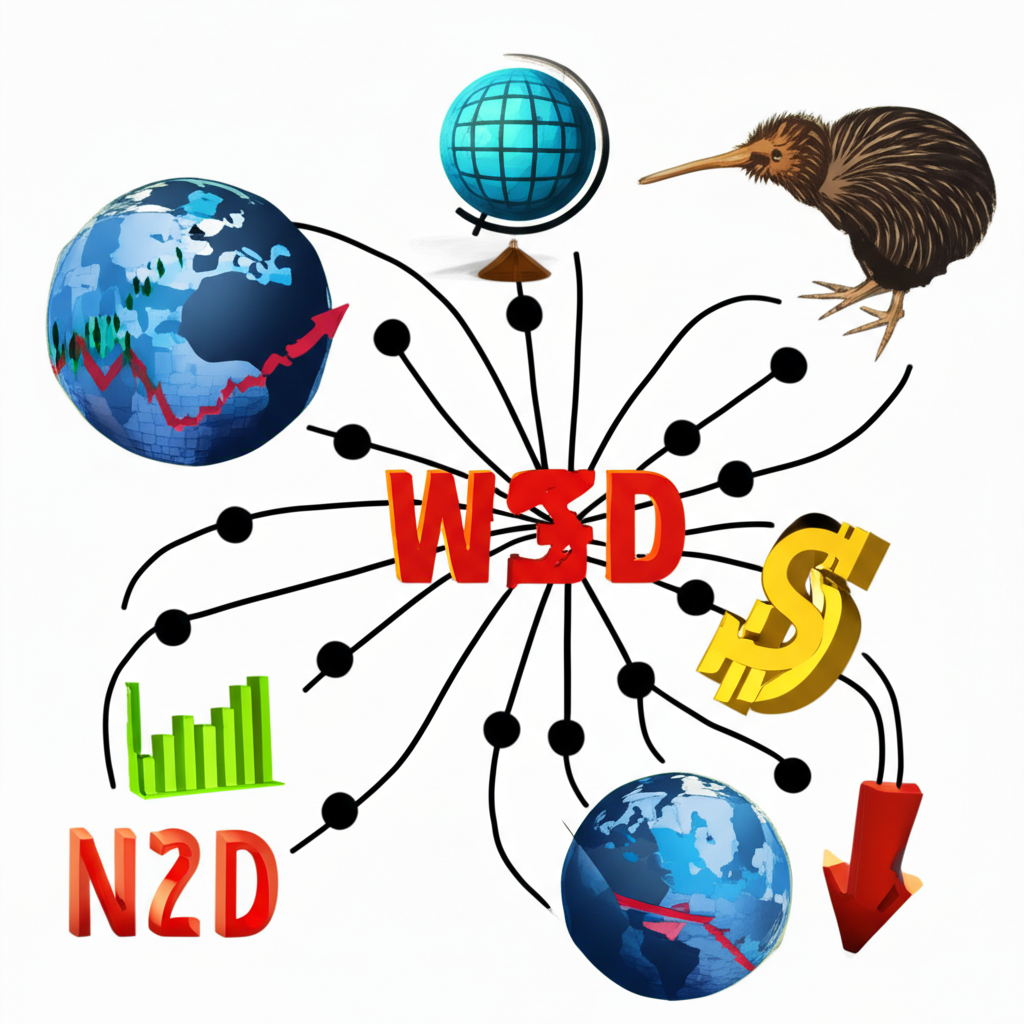 影響紐西蘭元走勢的多重因素示意圖,包含全球經濟、央行政策與商品價格等要素