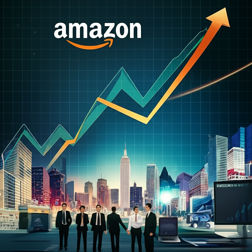股票市場活力場景，亞馬遜標誌下股價劇烈上漲，底下展現多元業務韌性與效率，遠方隱現全球經濟挑戰