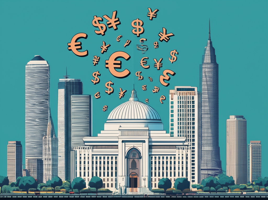 外資湧入印度金融樞紐插圖,多種貨幣符號象徵增加流動性與市場估值