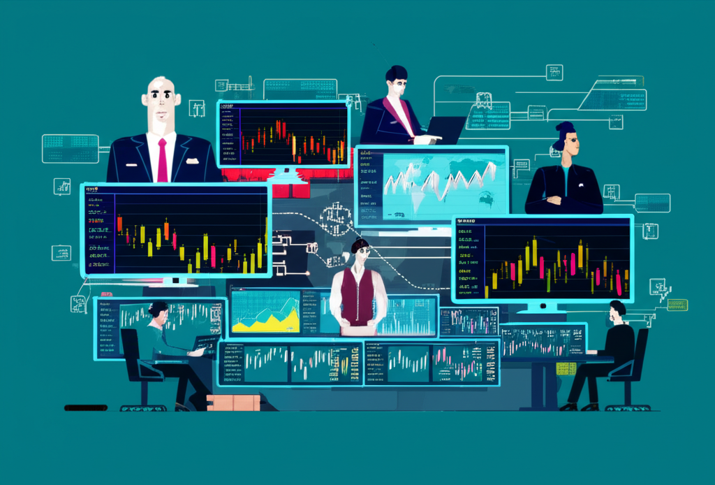 An illustration depicting the vast global foreign exchange market with various participants like central banks corporations and individual traders interacting with currency charts influenced by news headlines
