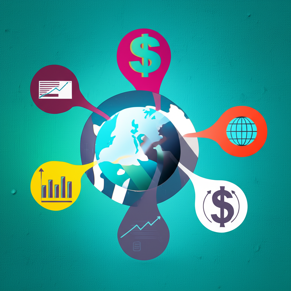 經濟因素拼貼插圖:GDP成長、利率、全球貿易與美元符號,象徵影響匯率的關鍵元素