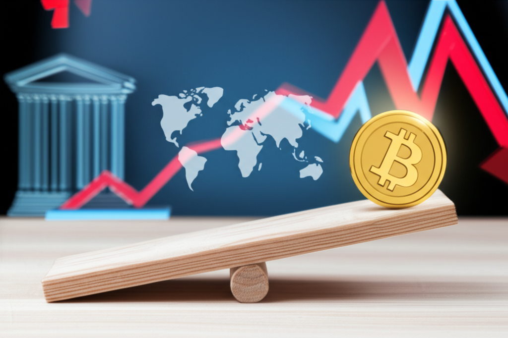 金幣在經濟符號上搖擺不定，象徵全球不確定性和投資者焦慮