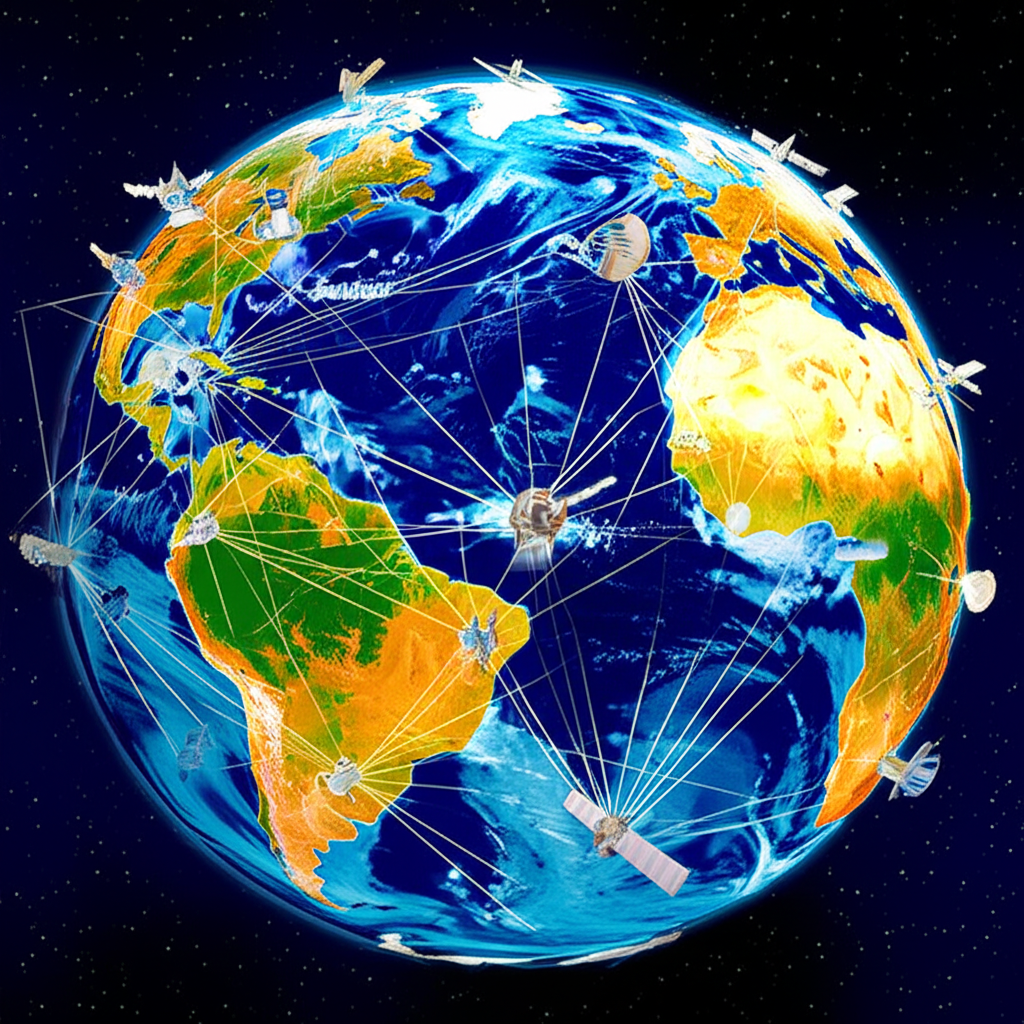 illustration of a global network of diverse satellites from different companies like Gilat and European space giants connecting various regions of the world