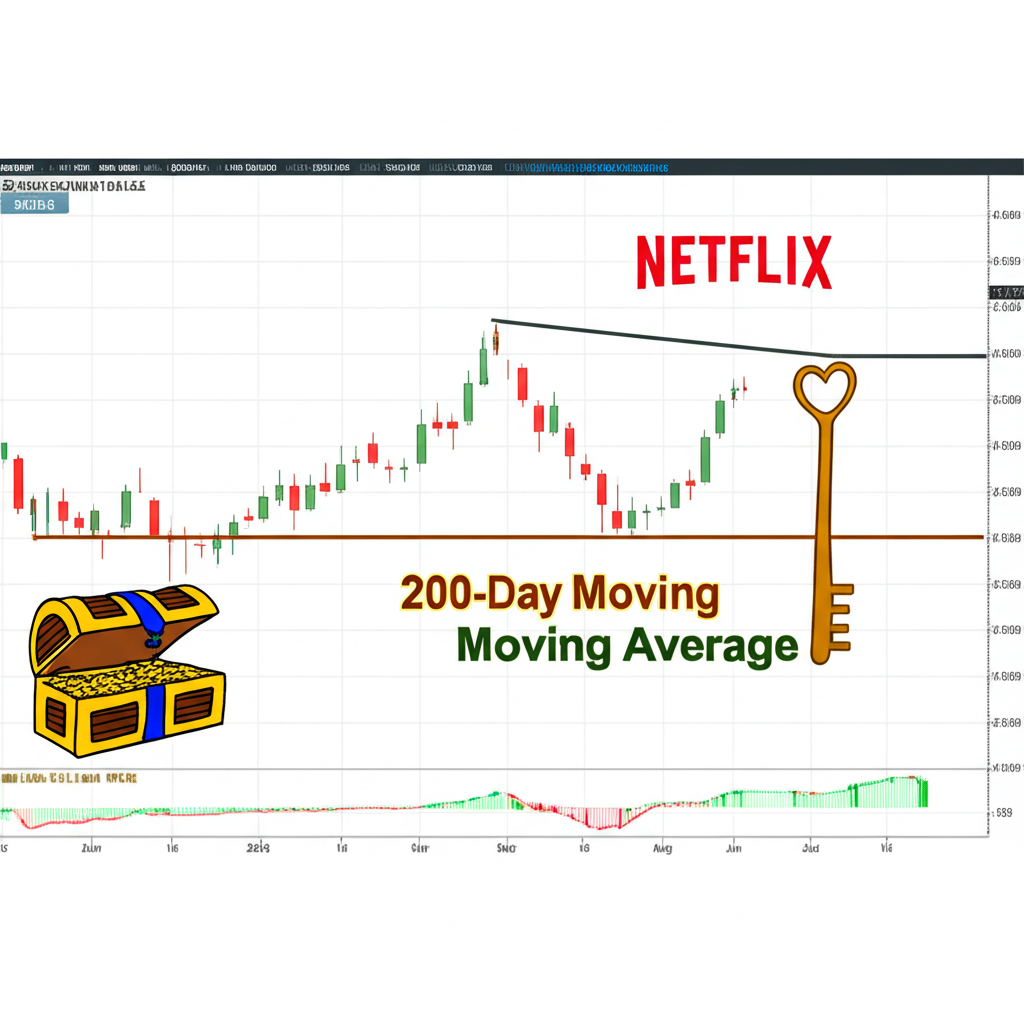 Netflix股價技術分析圖表突出200日移動平均線與蠟燭圖,顯示暫時性下跌,並以金鑰或寶箱象徵優質資產的買入機會
