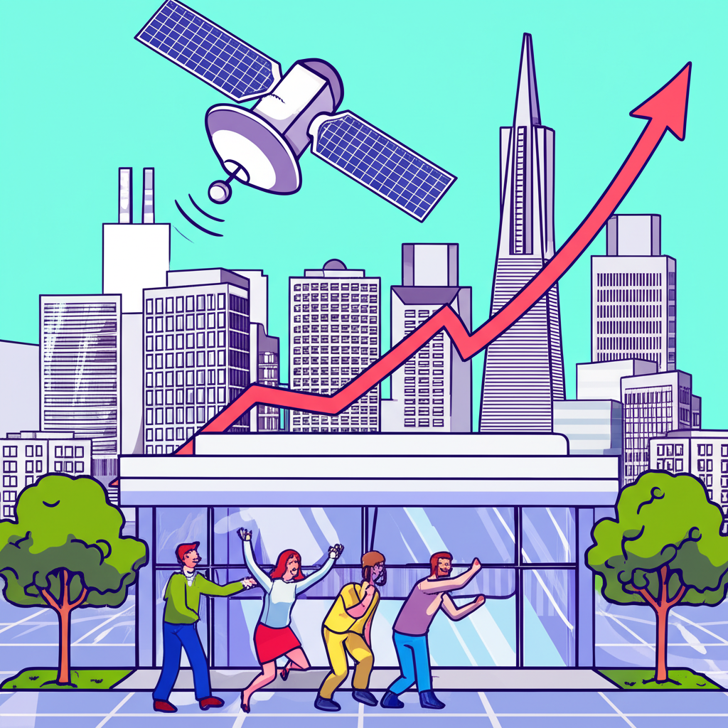 舊金山衛星公司股價翻倍插圖，顯示城市天際線、股票圖表與投資者歡呼，象徵金融成功與科技創新