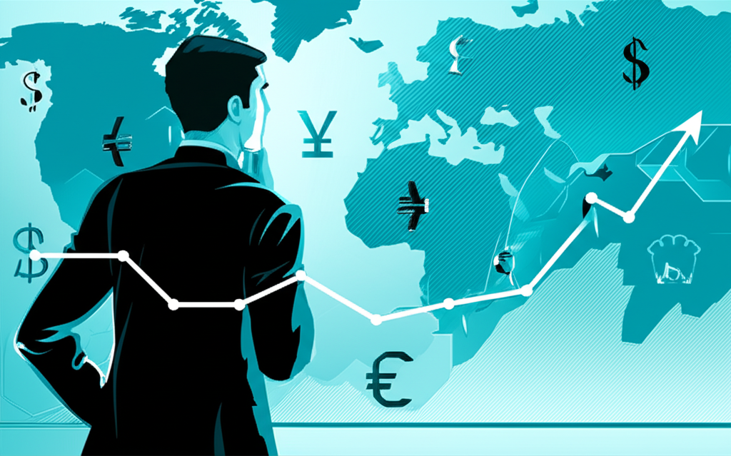 澳幣匯率走勢圖示，顯示短期反彈與長期趨勢的兩條路徑，背景包含全球市場元素與貨幣符號