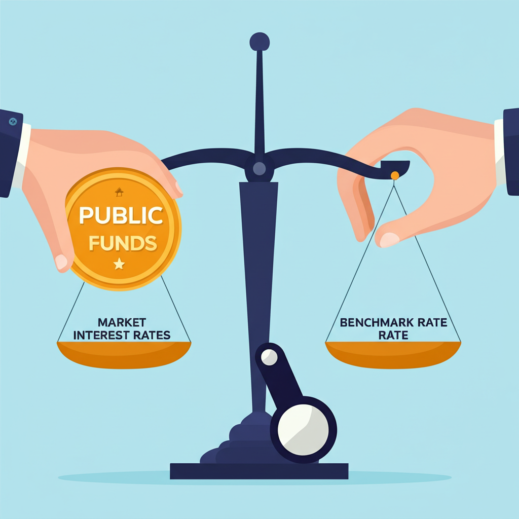 政府之手握著標示『公共資金』的大硬幣,調節市場利率槓桿,天平平衡著『無風險資產』與『基準利率』