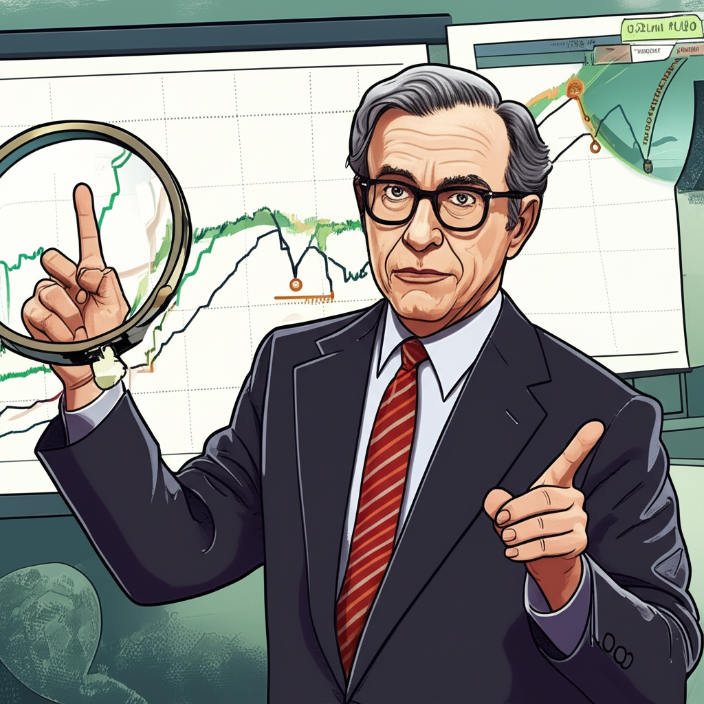 羅伯特·席勒教授指向平滑市場週期與通膨調整圖表的插圖