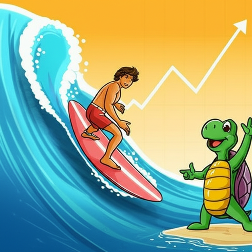 順勢交易如衝浪般跟隨市場浪潮，背景為金融圖表與海龜吉祥物