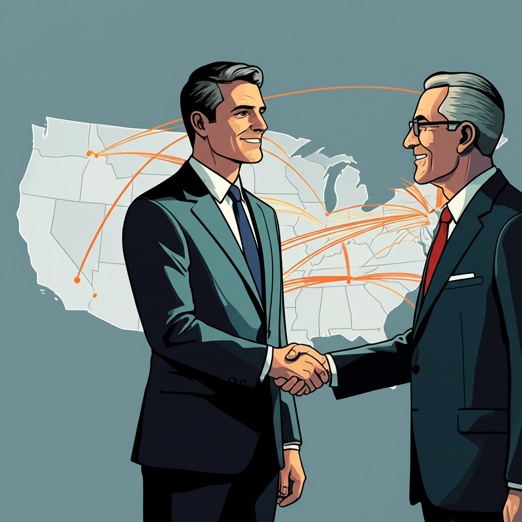 企業高管與政府官員握手,背景為美國地圖顯示堅固供應鏈連接,象徵國家安全投資合作