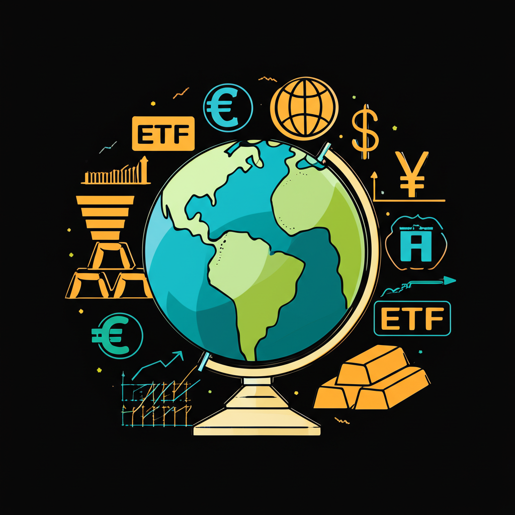 地球環繞金融符號的插圖,包括股票圖表、ETF標誌、黃金與國際貨幣,象徵以指數基金與另類資產建構的全球多元化投資組合