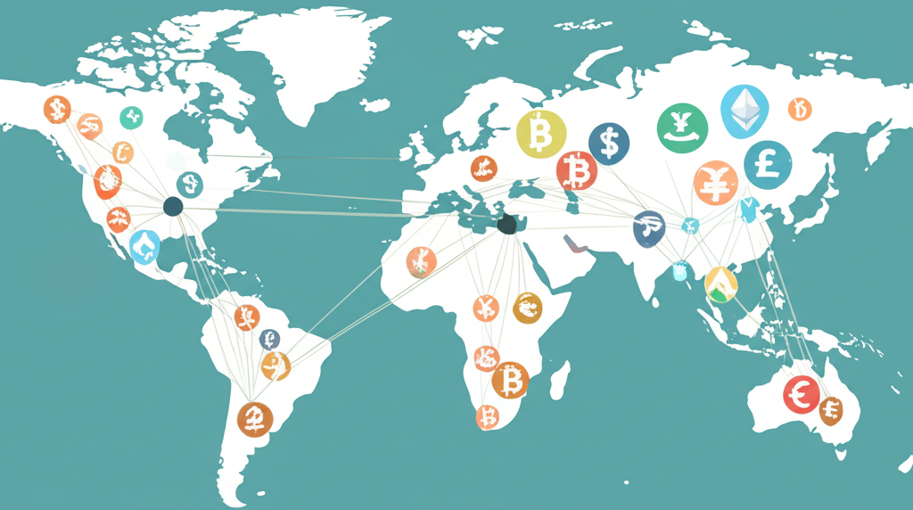全球地圖顯示各種貨幣交換,象徵去中心化外匯市場的高流動性與每日數兆美元交易