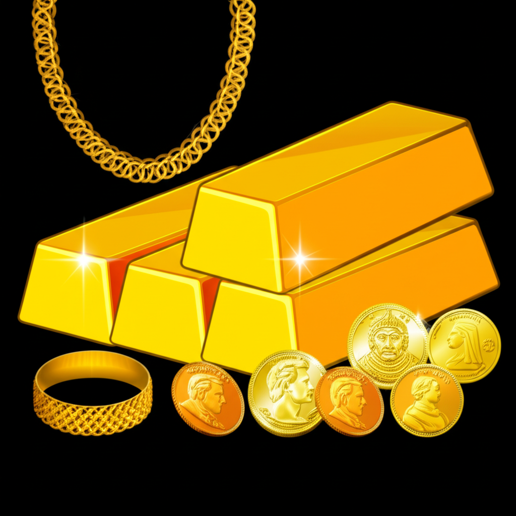 實體金條、金幣與金飾展示,凸顯黃金的有形價值與傳統投資特性