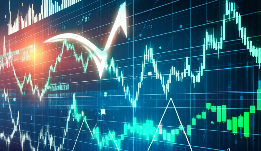 An illustration of a bustling global financial market with digital AI elements flowing through it showing both growth and cautionary signs a balanced strategy in action