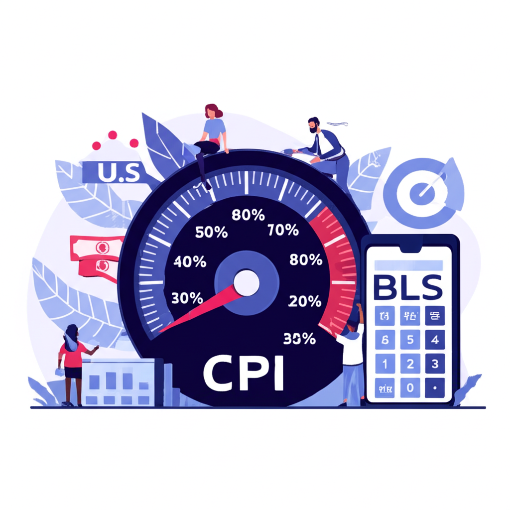 CPI 指標示意圖：反映美國經濟健康的巨型儀表盤，周圍環繞消費者與勞工統計局官員計算數據