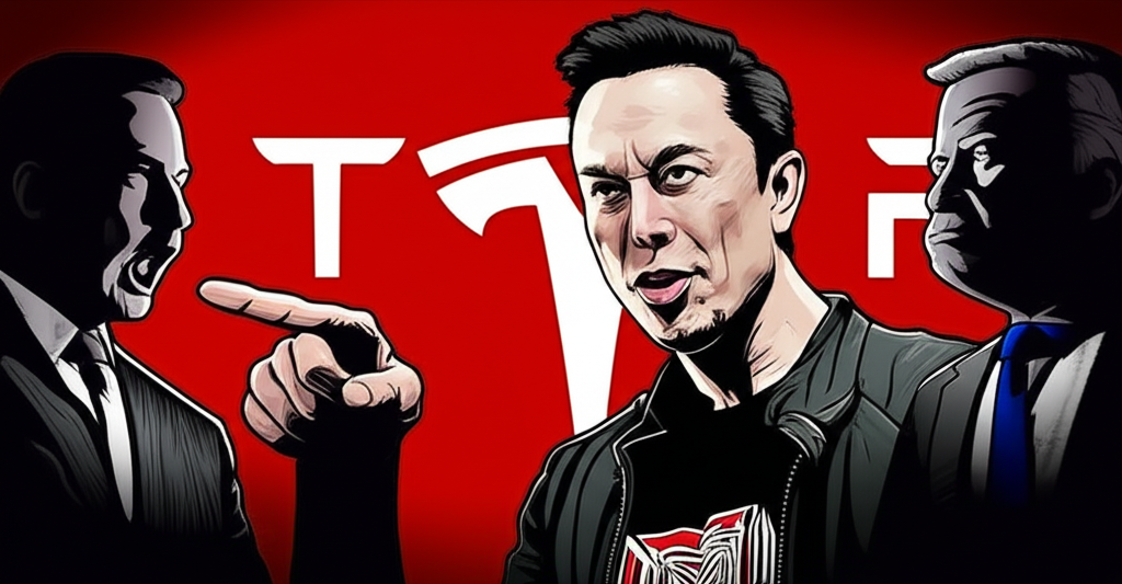 Elon Musk angrily pointing at shadowy corporate figures representing proxy advisory firms with Tesla logos in the background