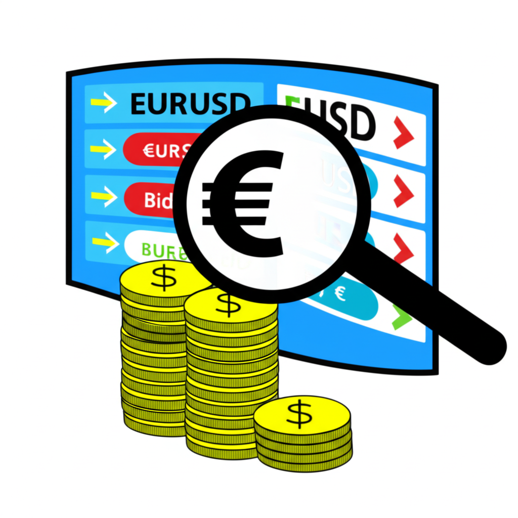 An illustration of currency pairs like EURUSD on a screen with arrows showing exchange rates alongside graphic representations of spread as a small gap and leverage as a magnifying glass over a stack of coins illustration style