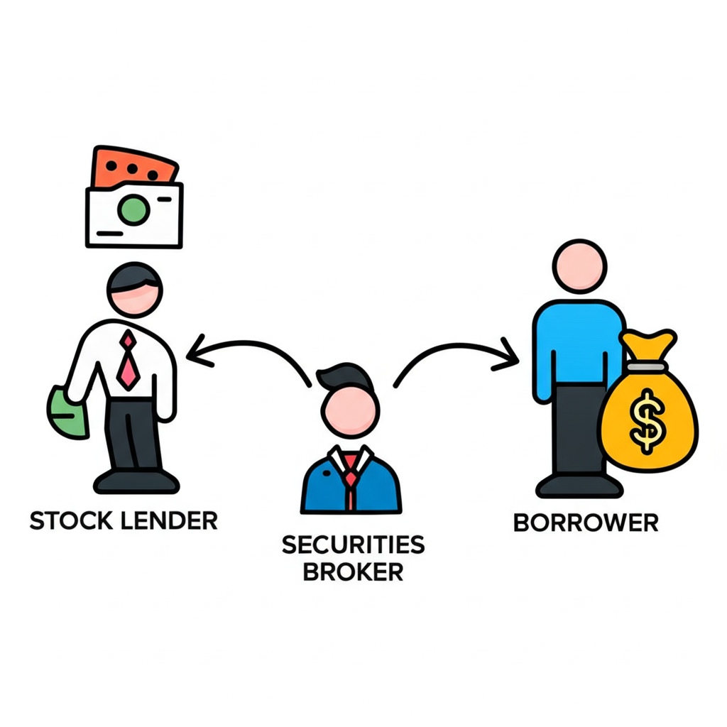 股票出借市場運作示意圖,顯示出借人、借券人與證券商之間的股票與資金流動