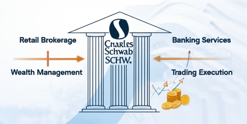 Charles Schwab SCHW 作為堅實金融機構的插圖,多項支柱代表零售經紀、財富管理、銀行服務與交易執行,周圍環繞成長中的客戶資產及 TD Ameritrade 整合的協同效應