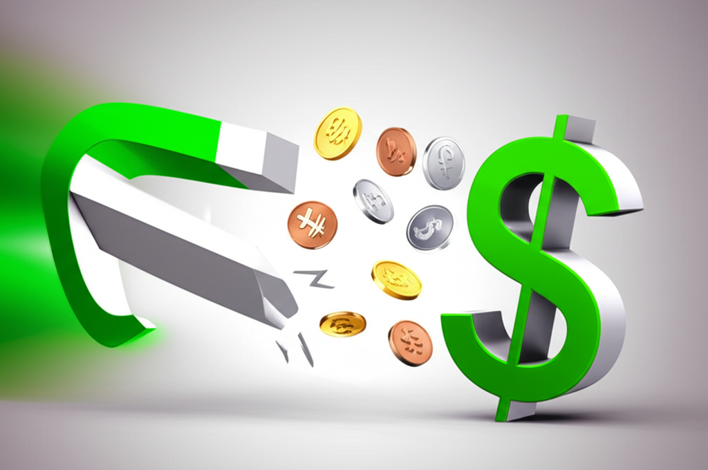 美元磁鐵吸引全球貨幣的插圖,象徵高利率環境下的資金流入