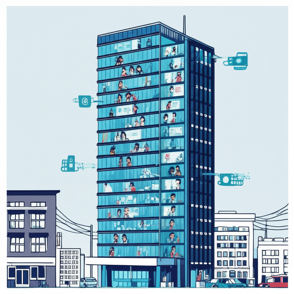 科技巨頭高聳大樓內AI系統運作順暢,展示先進自動化、資料分析與滿意客戶,小型企業則在後方努力連結的插圖