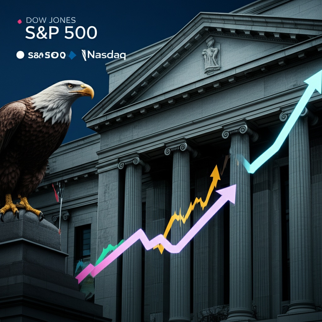 Illustration of a strong US stock market with iconic indices like the Dow Jones S&P 500 and Nasdaq rising against a backdrop of optimistic tech company logos and a watchful Federal Reserve
