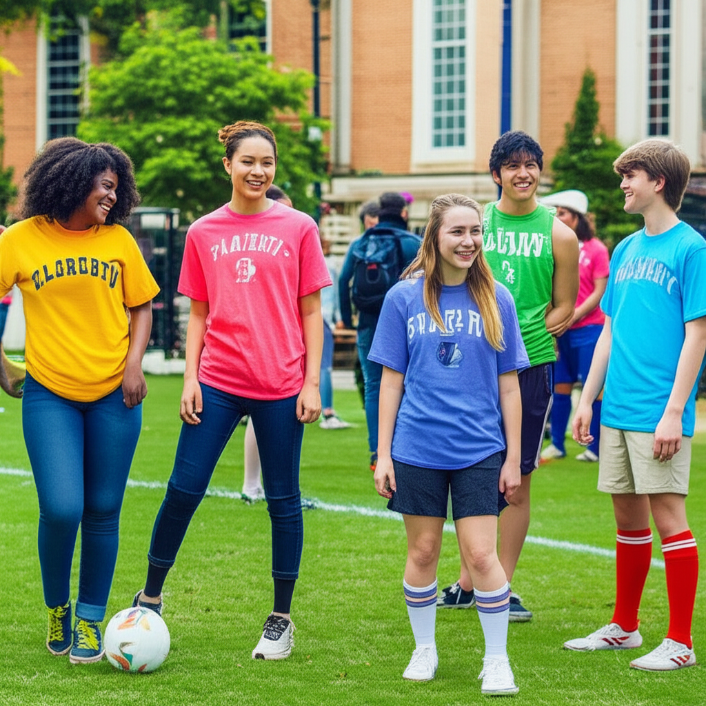 Gen Z students wearing Comfort Colors T-shirts on university campus, some playing soccer, others in fraternity or sorority settings
