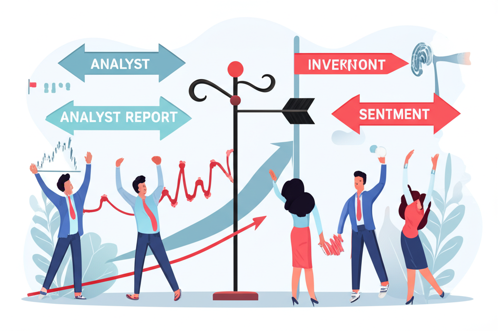 分析師報告如風向標影響市場情緒的插圖,顯示股票圖表與投資者對資訊的反應