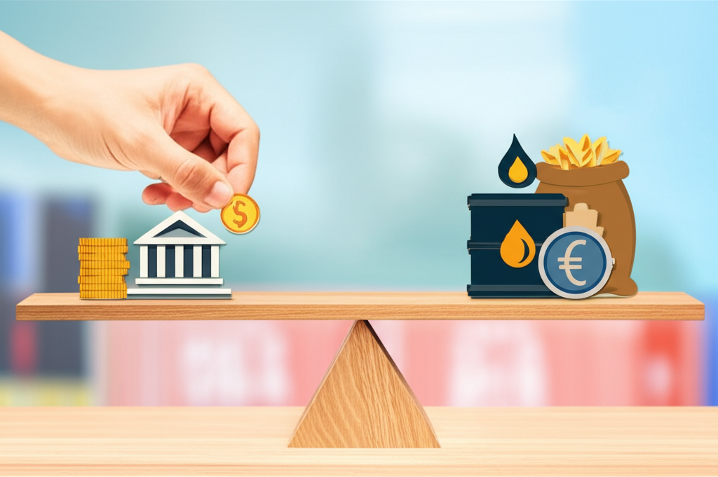 中央銀行的手輕柔平衡著本國貨幣與外幣的天平,背景中進口商品如石油與糧食價格穩定,防止通膨,象徵匯率穩定的效益