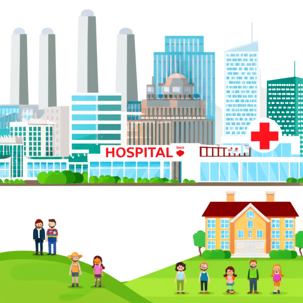 An illustration showing various industries like factories offices hospitals and schools with a few figures representing excluded sectors like farmers or government workers standing apart illustration style