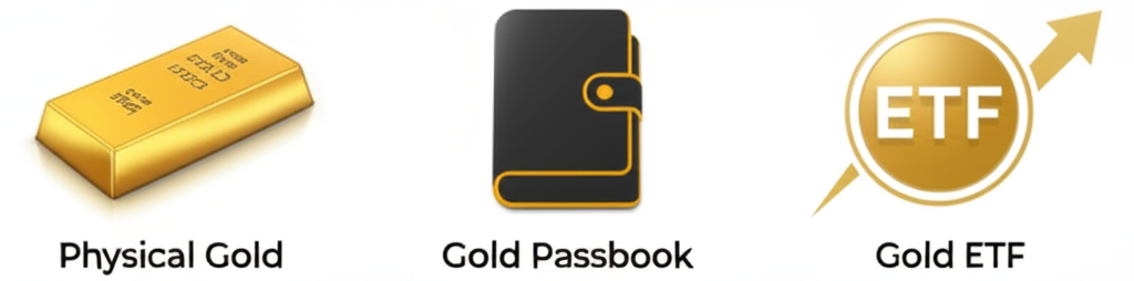 插圖：實體金條、數位黃金存摺圖示與黃金ETF走勢圖的三向比較，清楚標示三者在安全性、流動性與成本上的差異